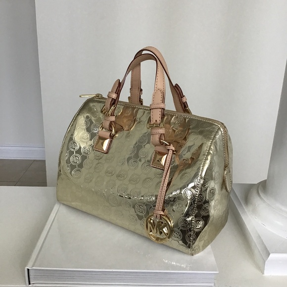 Michael Michael Kors Grayson Gold tone metallic MK logo medium size satchel - Picture 4 of 8